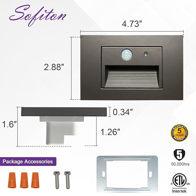 4-Pack Horizontal LED Step Lights, Motion Sensor & Dusk to Dawn, IP65 Waterproof, 3000K-5000K Adjustable, Anti-Glare Louvered, 3W 120V Stair Lights Indoor Outdoor, Bronze, ETL Certified
