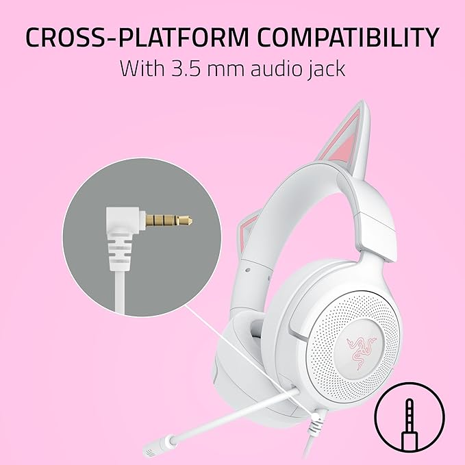 Razer Kraken Kitty V3 X Wired Gaming Headset, Kitty Ears, White | HyperClear Cardioid Mic, 40 mm Drivers, 7.1 Surround Sound, Comfy Ear Cushions, Cross-Platform via 3.5mm PC, PS5, Xbox