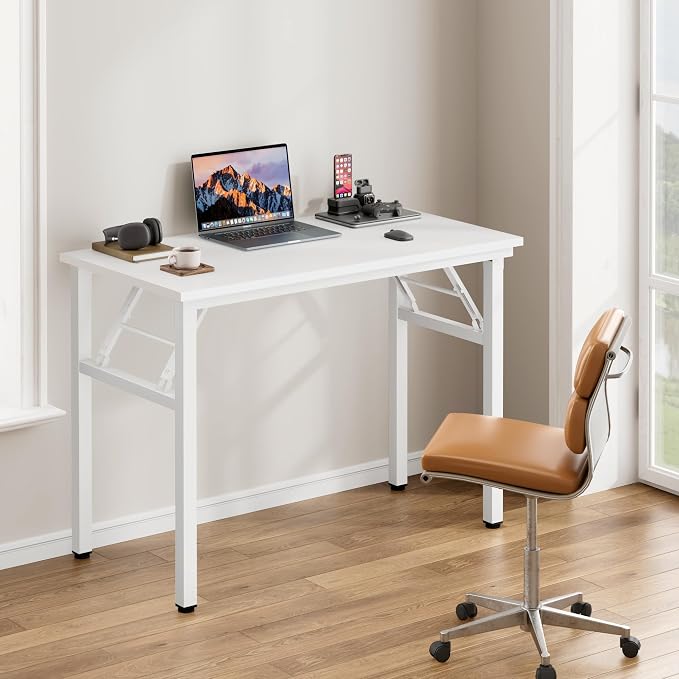 Need Office Computer Desk 35.8 Inch Sturdy Folding Laptop Table White | White Frame Writing Gaming Work Table/Foldable Home Office Desk/Sewing Table, No Assembly Required