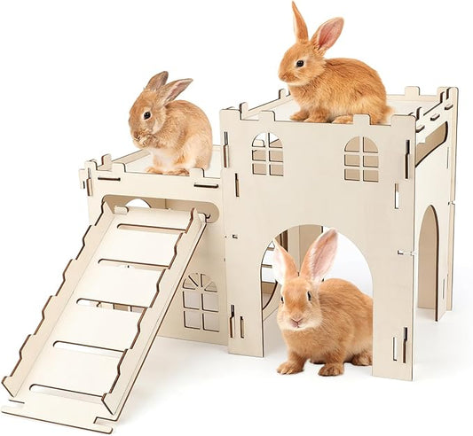 BWOGUE Extra Large Wooden Bunny Castle Hideout Split Balcony for Indoor Bunnies, Multistory Climbing Tower Hideout with Stairs, Ventilated Sturdy House for Rabbits Guinea Pigs and Chinchillas