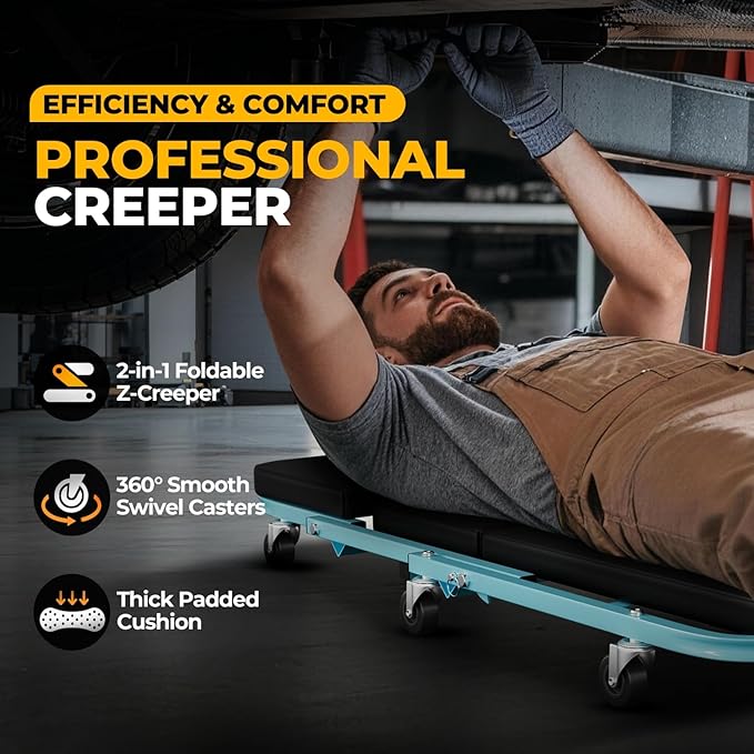Auto Dynasty 40" Z-Creeper Seat, 2-in-1 Foldable Garage Creeper Shop Seat, 330 LBS Capacity Automotive Mechanic Repair Under Car Rolling Creeper Seat, Sky Blue
