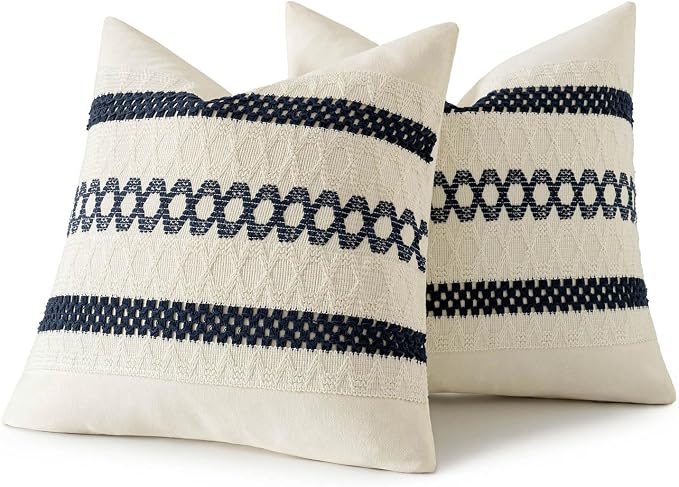 MIULEE Set of 2 Navy Blue Boho Decorative Pillow Covers 18x18 Inch | Farmhouse Couch Throw Pillows, Modern Coastal, Cotton Cushion Covers, Macrame Woven Home Decor for Bed Sofa Chair