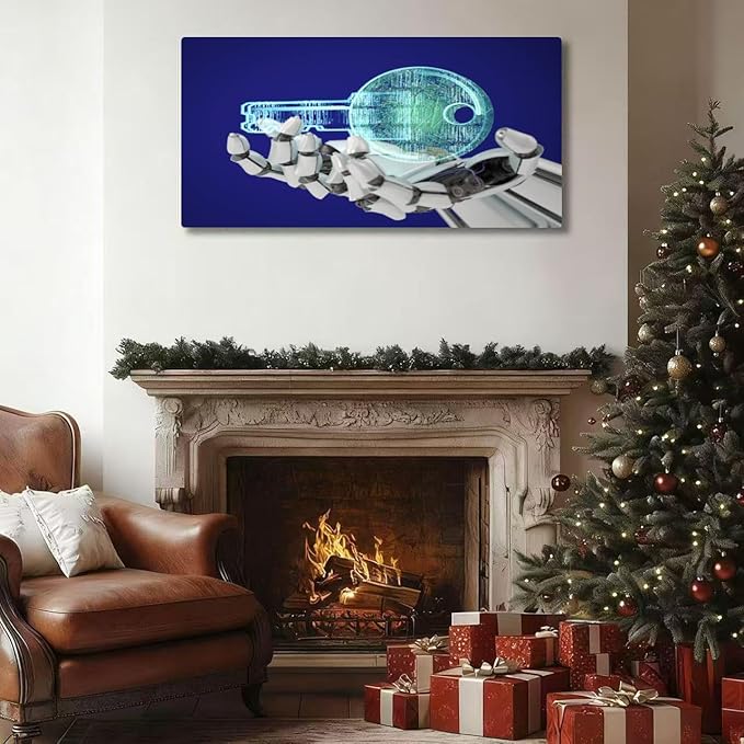 Wibinuki Wall Art Wall Decor Wall Paintings Unlock a New Technology Robot's Hand Holding a Key for Living Room Bedroom Bathroom Home Decor Can Be Hung Directly 20"x 40"