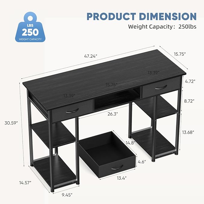 DUMOS 48-Inch Computer Desk with Drawers, Hook and Side Bag, Black | Home Office Desk for Bedroom, Gaming Writing Study Desk with Adjustable Feet