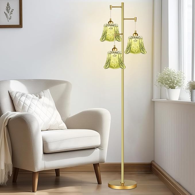 Gold Floor Lamp for Living Room,Bedroom,Tree 3 Light Standing Lamp Mid Century Modern Brass Tall Floor Lamps Vintage Retro Floor Lights Glass Green Flower Lamp Shade Farmhouse Boho Bohemian