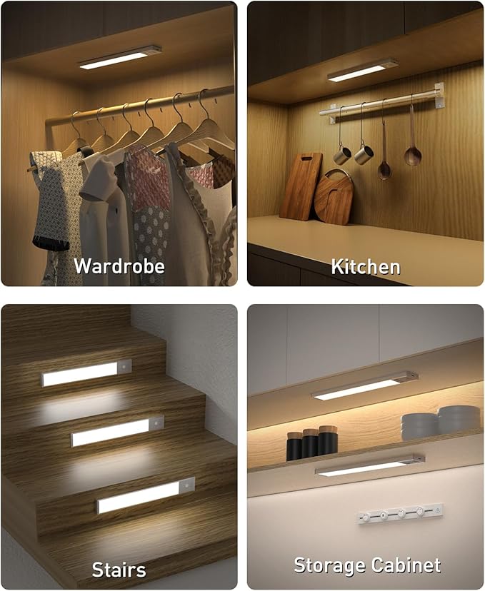 Diomart Wireless Under Cabinet Lighting with Motion Sensor, Dimmable LED Closet Lights, 1500mAh Rechargeable Battery, Magnetic Mount for Kitchen, Stairs, Closet - 3Pack