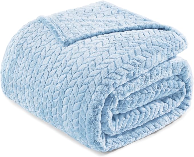 Exclusivo Mezcla Soft Fleece Bed Blanket Queen Size, 90”x90”, Light Blue | Cozy Fluffy Lightweight Blankets for Summer, Decorative Plush Flannel Throws for Living room, Bedroom with Leaves Pattern
