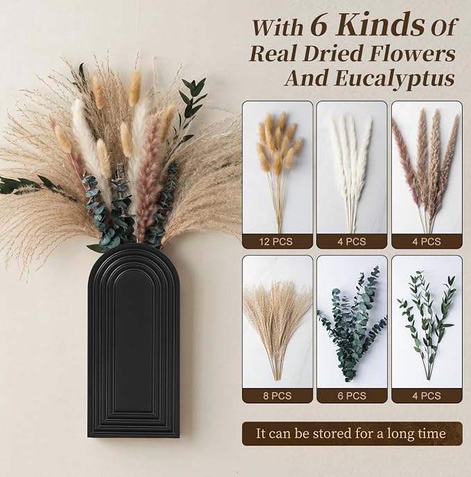 2 Pack Wooden Wall Vase Set with Pampas Grass Eucalyptus, Modern Farmhouse Boho Wall Decor for Living Room, Entryway, Hallway, Bathroom, Dining Room, Black Wall Art for Home Decoration