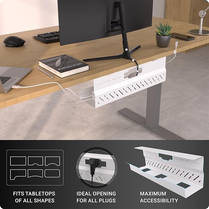 Under Desk Cable Management Tray no Drill – Wire Management - Cord Organizer – Huge Load Capacity – Under Desk Cable Tray no Drill (White, 1 Piece Set)