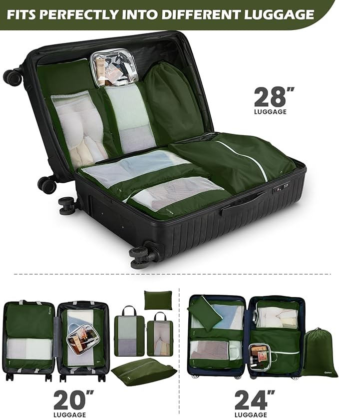 Gonex 8 Set Compression Packing Cubes for Travel, Expandable Mesh Packing Organizer for Travel Accessories Essentials with Toiletry Bag, Laundry Bag, Shoe Bag, Cable Bag for Carry On, Deep Green