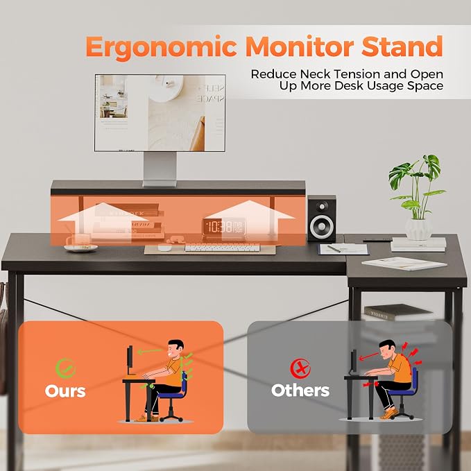 Mericonia 48 in Corner Desk with Monitor Stand, Small L Shaped Gaming Desk | Reversible Computer Desk with Power Outlets, LED Light & Storage Shelves, Office Table for Home Bedroom Study Work Writing