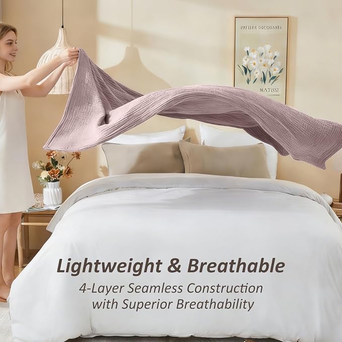 EMME Cotton Muslin King Blanket Breathable Gauze Soft Lightweight Blankets Adults Gifts for Women (Heather Dusty Pink, 108"x90")