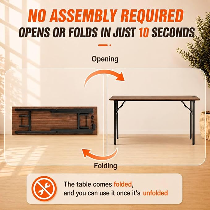 Folding Table Computer Desk - 55.1" No Assembly Folding Desk with Power Outlets & USB Charging Port, Small Desk, Foldable Office Desk, Compact Storage Portable Use for Small Space, Dark Walnut