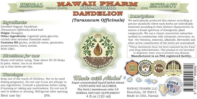 Dandelion Alcohol-Free Liquid Extract, Organic Dandelion (Taraxacum Officinale) Dried Leaf Glycerite Hawaii Pharm Natural Herbal Supplement 4x4 oz