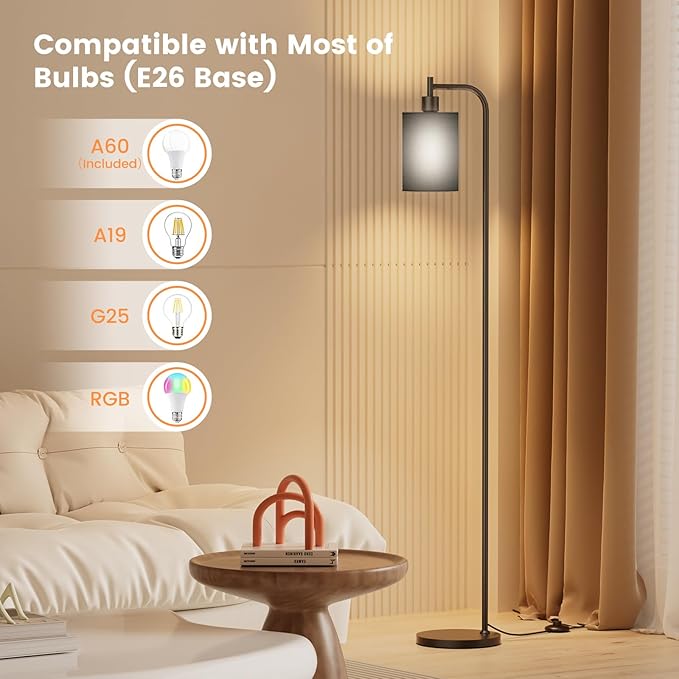 Floor Lamp with Linen Shade, Dimmable Tall Standing Lamp with Remote Control & 3 Color Temperatures, Modern Floor Lamps for Living Room Bedroom Office Corner, 9W LED Bulb Included