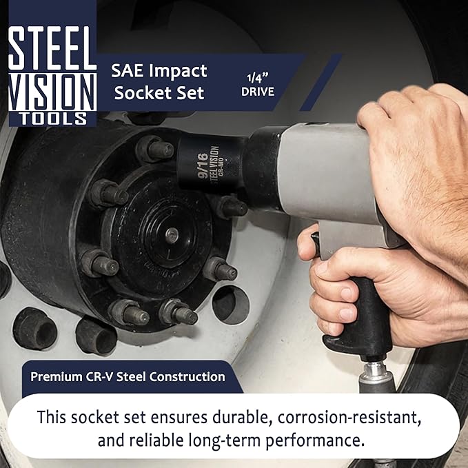 Steel Vision Tools 20-Piece 1/4-Inch Drive SAE Impact Socket Set, Deep & Standard, CR-MO Steel, Laser-Etched Sizes, Heavy-Duty Storage Case, Professional-Grade Performance