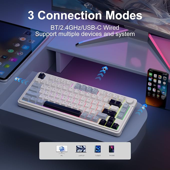 MageGee Wireless Gaming Keyboard 81 Keys RGB Backlit Tri-Mode Bluetooth 2.4G USB-C Rechargeable Mechanical Feel Keyboard 4000mAh Battery Knob Control 26-Key Anti-Ghosting for PC Mac Windows – GK950