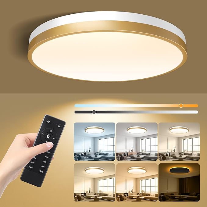 18 Inch Flush Mount Ceiling Light with Remote Control & Night Light, 5CCT Dimmable Ceiling Light Fixture, 43W 4300LM 2700K-6500K Adjustable LED Ceiling Lights for Bedroom Kitchen, White Gold