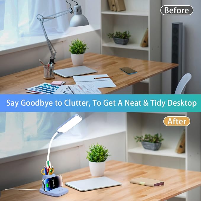 LED Desk Lamp with 10W Wireless Charging & Pen Holder, Blue | CRI 95, 800LM, Stepless Dimming, 3 Modes, 360°Flexible Arm, Touch, Study Table Lamp for Home Office, Dorm Room, with Adapter