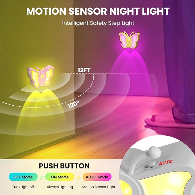 LOFTEK Rechargeable Motion Sensor Light, RGB Color Change & Dimmable Night Light, Cute Butterfly Light for Kids' Bedroom, Bathroom, Hallway, Tent & Stairs - Halloween Decor & Gift, Black of 4