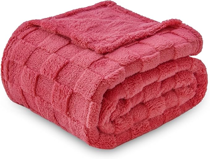 NEWCOSPLAY 3D Checkered Flannel Twin Blanket, Coral Pink, 60"x80" | Super Soft Cute Lightweight Decorative Premium Silky Fleece Blanket for Couch Sofa Bed, Gift for Women Men, All Season Use