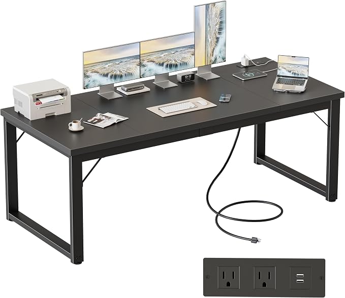Mericonia 63x28 Inch Computer Desk w/Power Outlets, 1.2" Thick Office Table | Modern Simple Style, Heavy Duty Industrial Frame, Large Study & Writing Table for Home Bedroom Work, Black