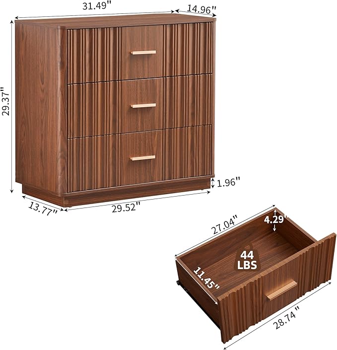 Fluted Dresser for Bedroom with 3 Drawers,31.5"Wide Modern Chest of Drawers with Metal Handle,Large Storage Dresser, Wood Closet Clothes Storage Organizer for Nursery Living Room Hallway,Walnut 2 Sets