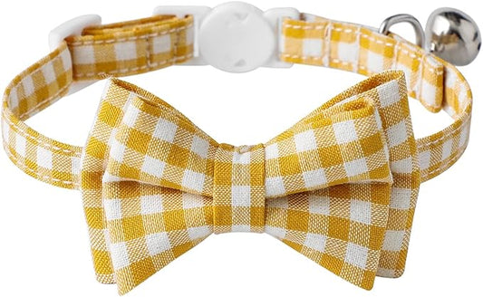 AIITLE Breakaway Cat Collar with Cute Bow Tie and Bell, Detachable Adjustable Safety Collars for Girl Cats and Boy Cats, Kittens, Puppy, Soft Stylish Plaid Patterns Cat Collars,Yellow