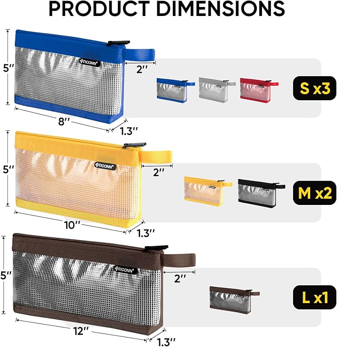 TICONN Tool Pouch, 1680D Oxford Small Tool Bag, Tool Pouches with Zipper, Clear Utility Bag Zipper Pouch for Tool Organizers and Storage (6PK Combo)