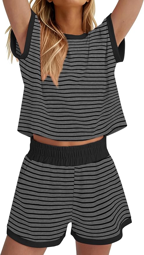 WIHOLL Two Piece Sets for Women Summer Lounge Short Sets Cap Sleeve Crew Neck Sweatsuit with Pocket XS-2XL