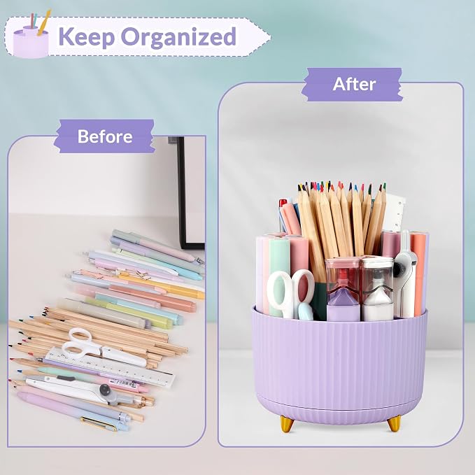 SKYDUE 2 Pack Pen Holder, 360 Degree Rotating Pencil Holder for Desk Organizer, Rotating Desktop Pen Organizer with 5 Slots, Office Supplies, Pencil Cup for Office, School, Home