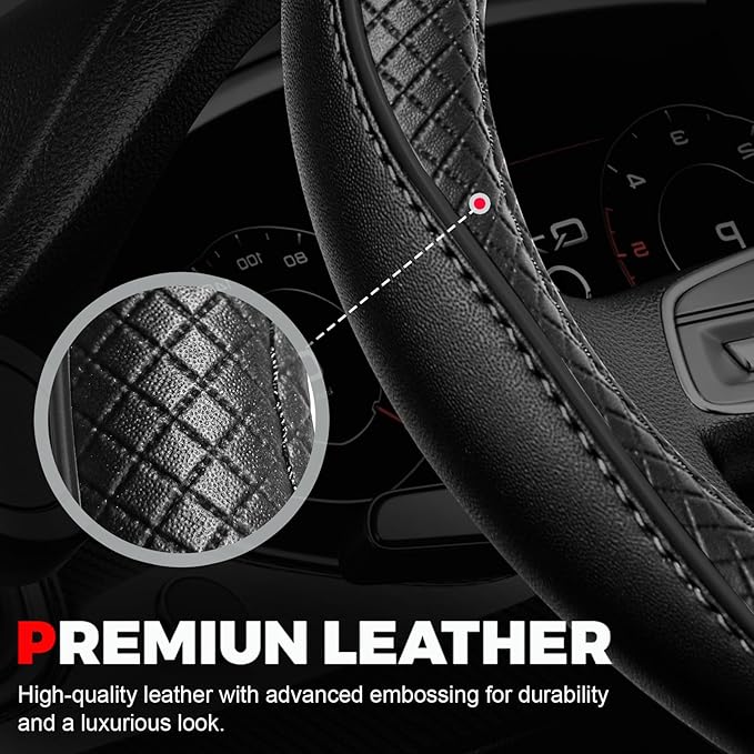 Ouzorp Car Steering Wheel Cover, Microfiber Leather Steering Wheel Covers with Anti-Slip Lining, Universal 14.5-15 inchs Black