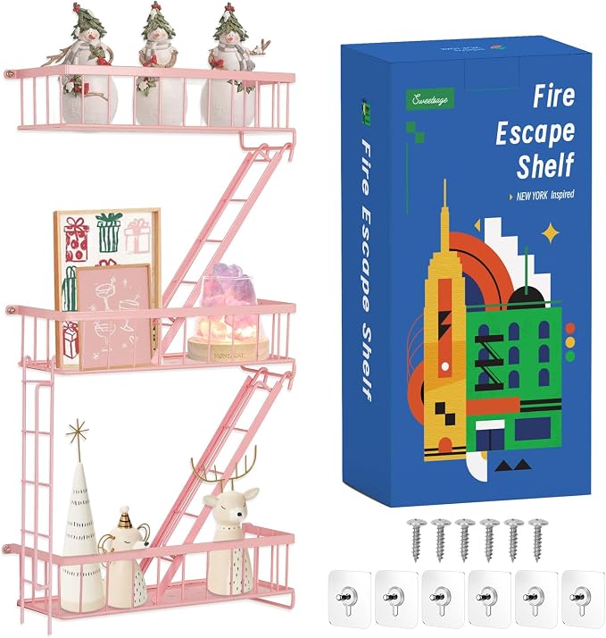 Fire Escape Shelf - Pink Wall Decor Floating Shelves, Cute Metal Ladder Shelving for Bedroom, Home Decor Display (3-Tier)
