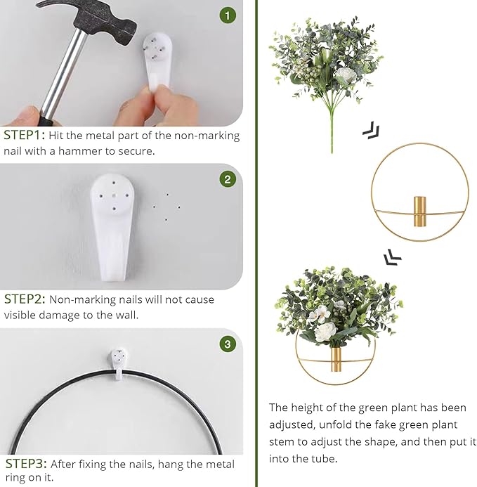 Pretty Jolly Boho Pampas Wall Decor Black Metal Wall-Mounted Art | Morden Artificial Greenery Display，2 Pack Gray Hanging Planter For Living Room, Bedroom, Bathroom, Dining room