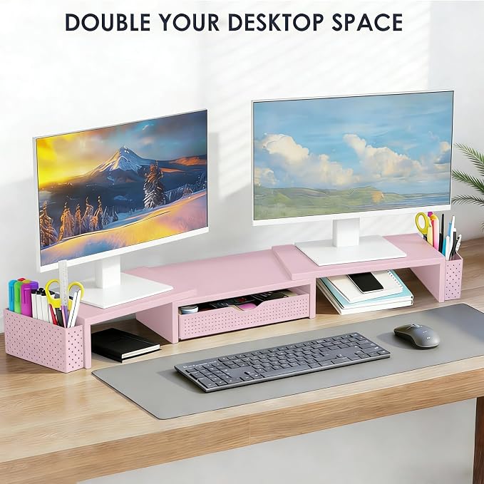 Spacrea Metal Desk Organizers and Accessories, Dual Monitor Stand Riser with Drawer and 2 Pen Holders, Desk Accessories & Workspace Desktop Organizers for Office Supplies (Pink)