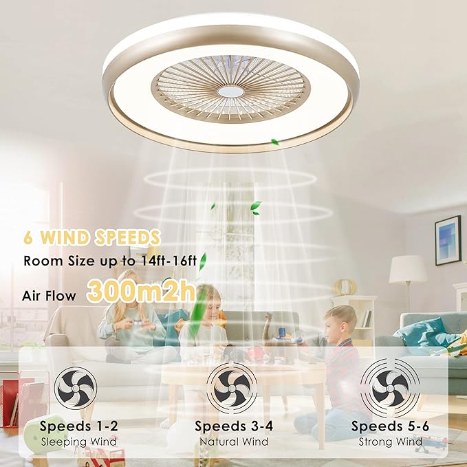 24" Bladeless Ceiling Fan with Light Remote, Smart LED Ceiling Fans with App Control, Modern Low Profile Dimmable Light Ceiling Fan for Bedroom Living Room Gold