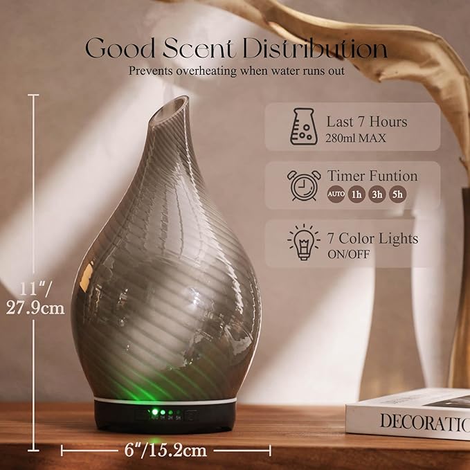 Porseme 280ml Essential Oil Diffuser Glass Color Changing Aroma Air Diffusers Aromatherapy Ultrasonic Cool Mist Humidifier 7 Running Hours Waterless Auto-Off for Sleeping, Yoga, Office (Pure Grey)