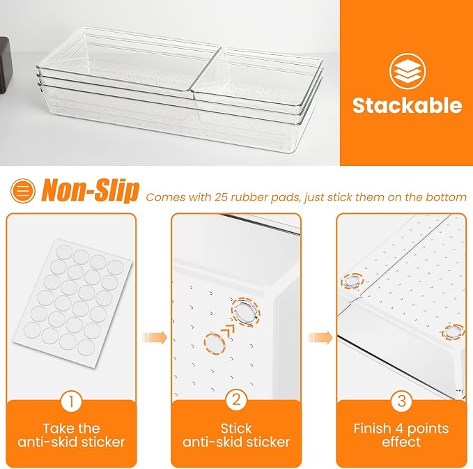 Criusia 6 Pcs Large Size Clear Drawer Organizer Set, Acrylic Non Slip Non Cracking Kitchen Drawer Storage Tray Divider, Multifunctional Storage for Cosmetics, Bathroom, Tools, Kitchen and Office
