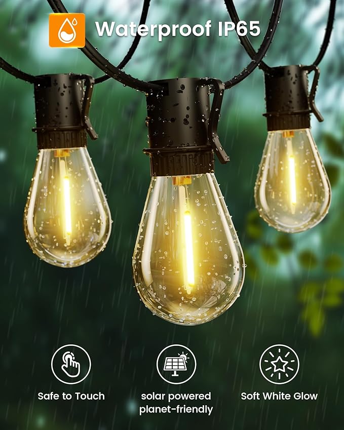 Torkase Outdoor Solar String Lights, 30FT Waterproof S14 LED Patio Lights with 13 Shatterproof Bulbs, USB Rechargeable, 2200K Warm White, Energy-Saving Hanging for Garden, Porch, Bistro, Camping