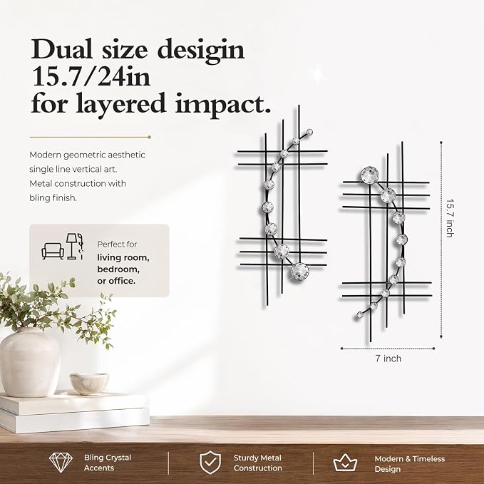 ZEXUIRU 2 Pcs Abstract Metal Art for Wall Decor Living Room Bedroom Bathroom Office Metal Bling Modern Geometric Hanging Vertical Small Iron Sculpture Plaque Pack -Black 15.7in