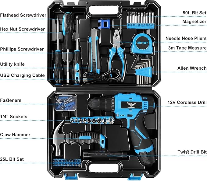 Tool Set - 12V Cordless Drill Kit, 146 Piece Home Tool Set With Power Drill, Tool Kits for Men & Women, Perfect for Homeowner, Diyer, Handyman