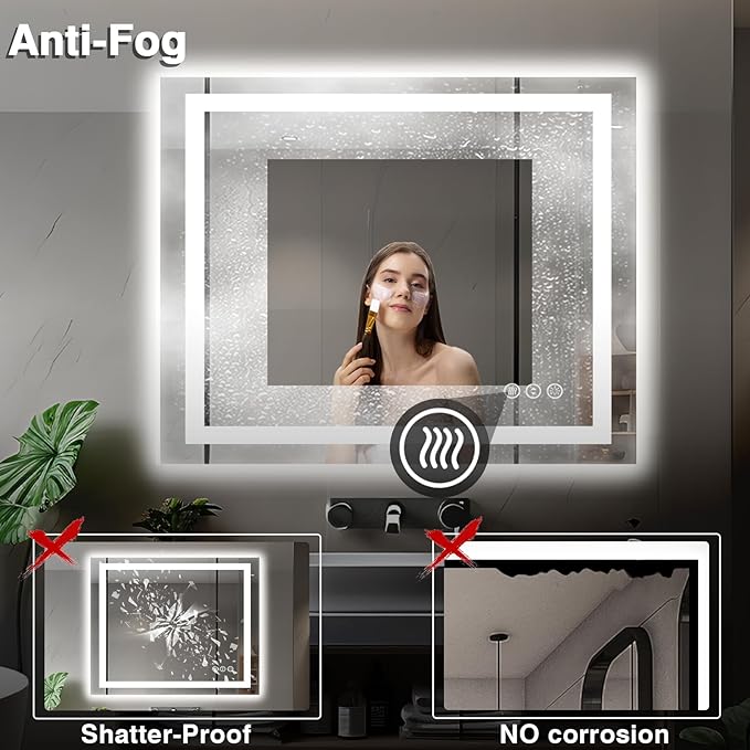 40"x36" LED Bathroom Vanity Mirrors with Front Light and Backlit, Anti-Fog Vanity Mirror with Lights, Stepless Dimmable Lighted Mirror, 3 Colors Smart Mirror (Horizontal/Vertical)