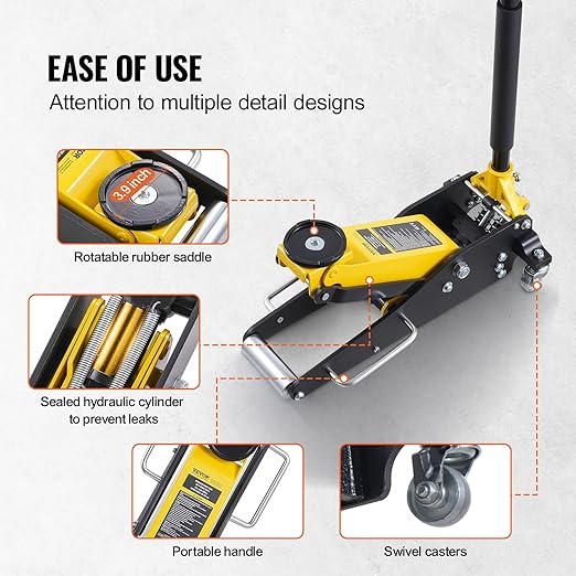 VEVOR Low Profile Floor Jack 2 Ton (4400 lbs), Heavy Duty Aluminum Hydraulic Racing Floor Jack, Hydraulic Car Jack, Dual Piston Quick Lift Pump, 3.2"-14.6" Height Lifting Range (Yellow)