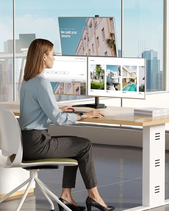 monTEK Freestanding Triple Monitor Stand for 17-32" Screens, 22 lbs Each | Solid V-shaped base, three-screen full-motion arms, height adjustment, tilt, swivel, rotation and VESA 75/100