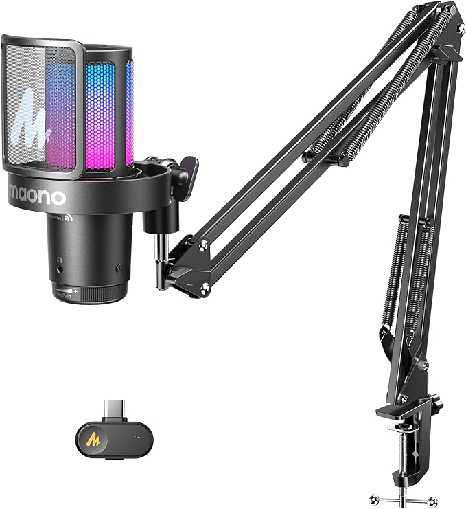 MAONO DGM20W Wireless Gaming Microphone for PC & Smartphones | USB-C Receiver, Clear Voice, Noise Reduction, Software Control, Custom RGB, Mute, Boom Mic Set for Discord Streaming & Gaming