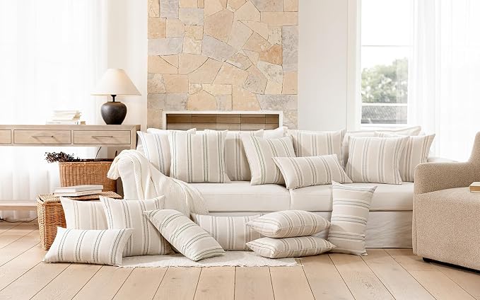 Hckot Stripe Throw Pillow Covers 26x26 Large Square Lake Blue Pillow Cover | Farmhouse Decorative Pillows Textured Linen Euro Sham Cushion Covers for Sofa Couch Bed Living Room Decor