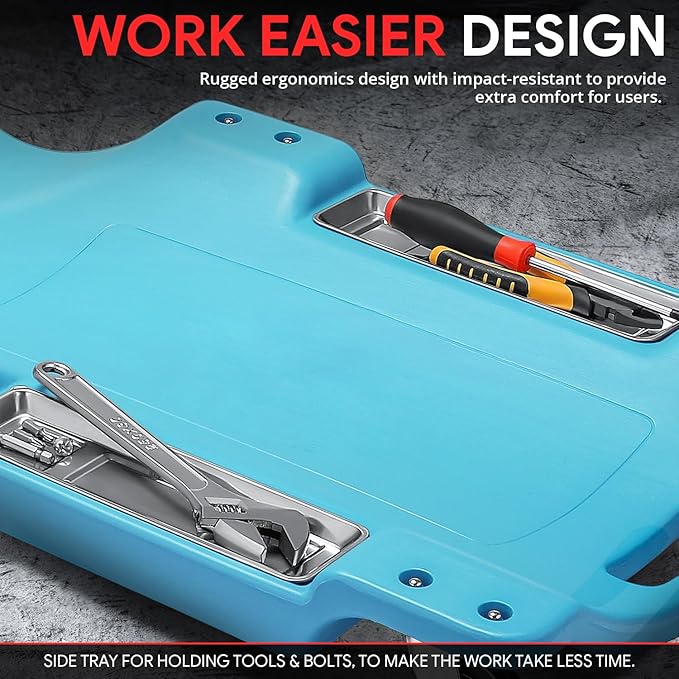 DNA Motoring 40 Inch Low Profile Plastic Rolling Garage Shop Floor Creeper with LED Light, Padded Headrest, Dual Tool Trays, Casters, Tiffany Blue, TOOLS-00389-TB