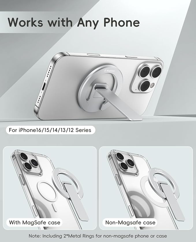 Double-Sided Magnetic Phone Stand Grip, Strong Magnetic Kickstand Desk Holder for Mag&Safe and Smartphone, Foldable Adjustable Design, Silver