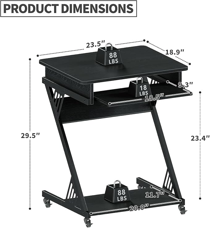 ALISENED Computer Desk for Small Spaces Compact Desk with Keyboard Tray | 23.6" Z-Shaped, with Wheels and Bottom Shelves, for Home Office, Computer Cart Mobile Laptop Cart, Black