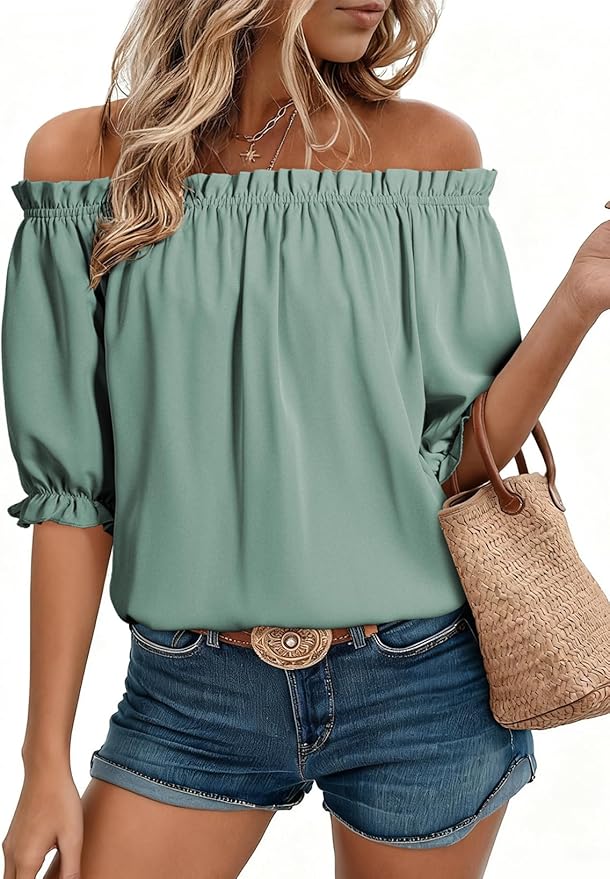 EVALESS Womens Tops Off The Shoulder Blouses for Women Dressy Casual Cute Puff Sleeve T Shirts Fashion 2026